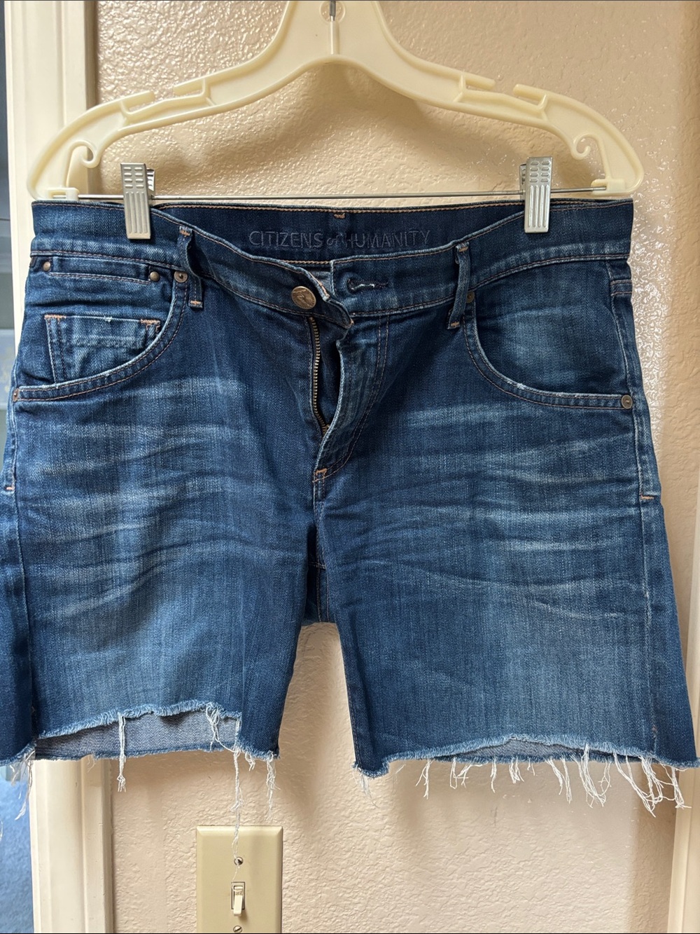 Citizens Of Humanity Distressed Mid-Blue Frayed Hem Denim Shorts